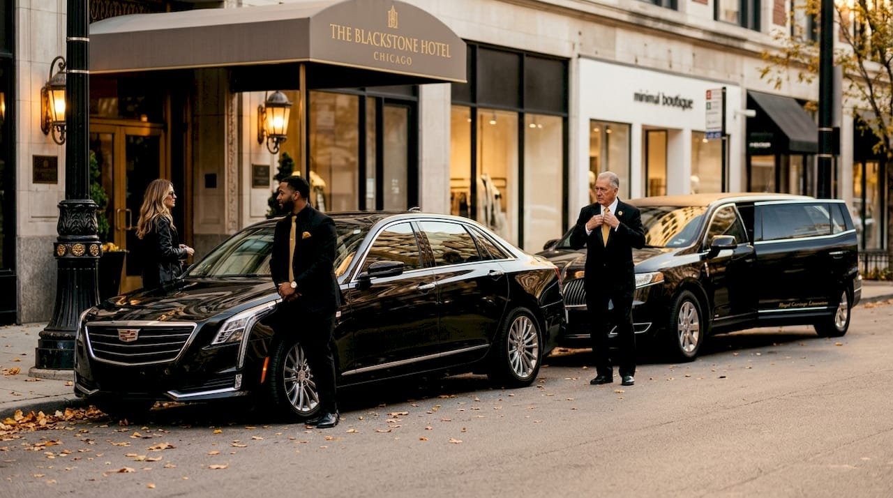 Luxury sedan and stretch limo on Chicago street