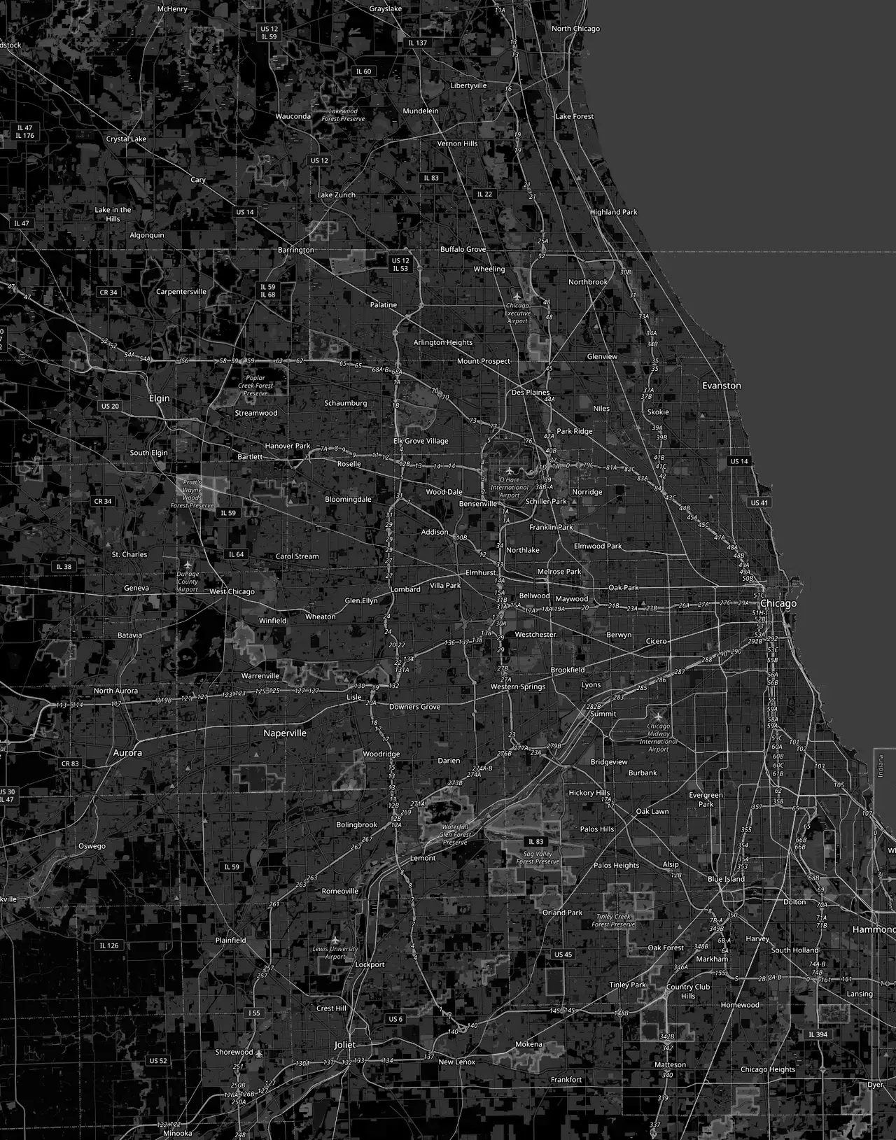 Black-and-white map of Royal Carriage Limousine's Chicago service area showing the street and interstate network, the Lake Michigan shoreline, O'Hare, Midway and Chicago Executive airports, and suburbs from Aurora to Lake Forest