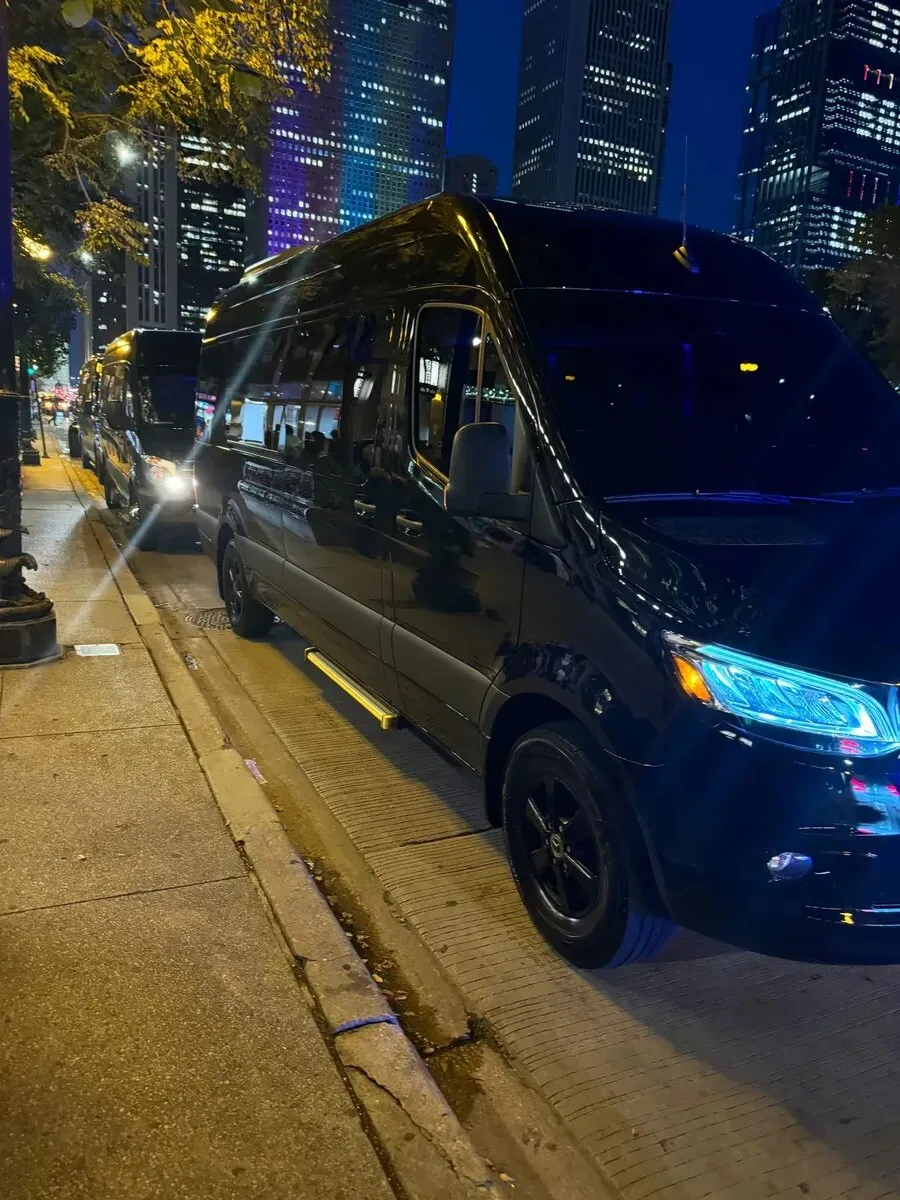 Jet Sprinter Limo interior with jet-style captain's seats and LED lighting - Royal Carriage Limousine Chicago