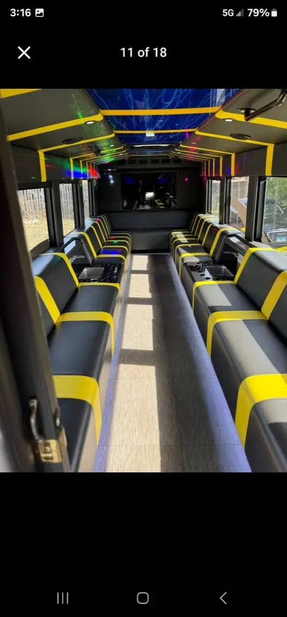 20-passenger party bus exterior at night