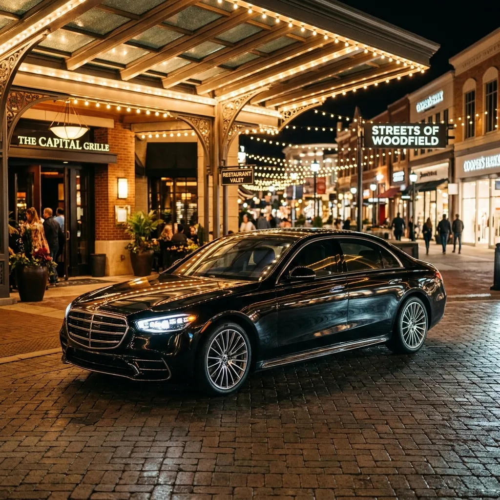 Royal Carriage executive Mercedes S-Class waiting under glowing canopies in the Wheeling's premier dining district district in Wheeling