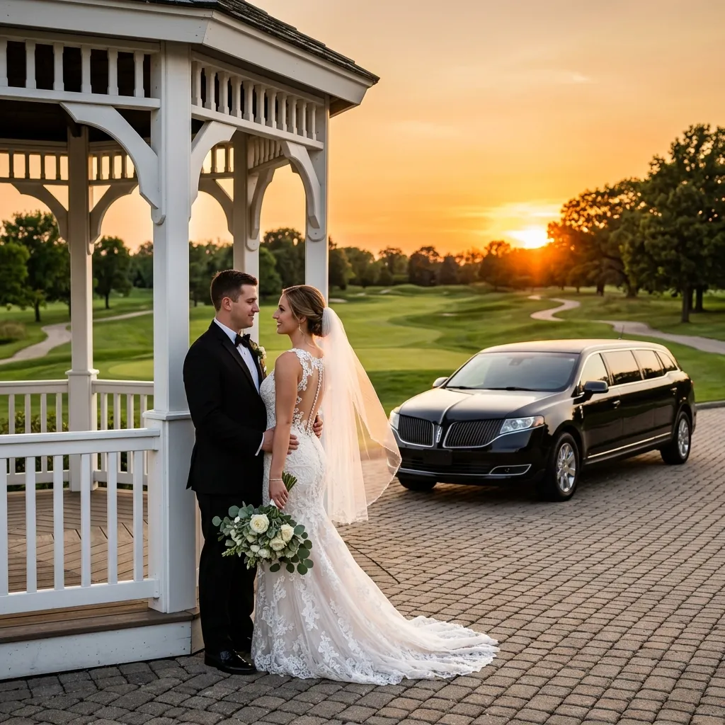 Royal Carriage wedding limousine staged for bridal transport at Wheeling Country Club in Wheeling
