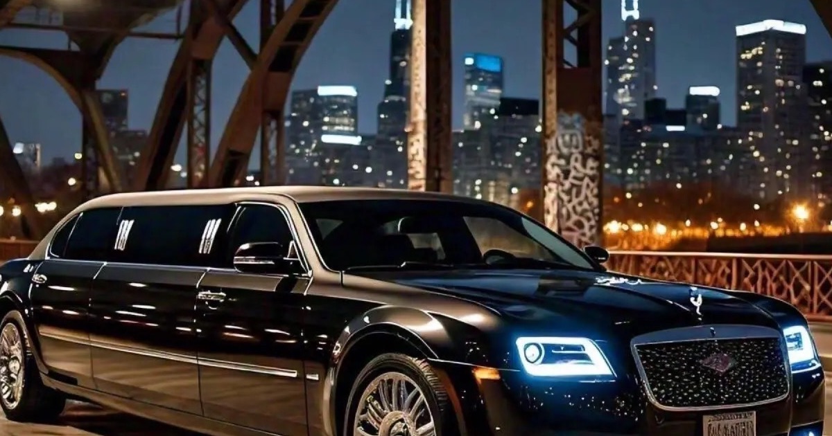 Bride and groom with luxury wedding limousine in Chicago