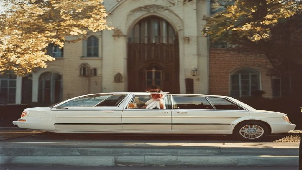 Bride and groom with luxury wedding limousine in Chicago